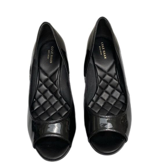 COLE HAAN Women’s black patent leather Open Toe wedge heel Shoes size 9B - Picture 2 of 6